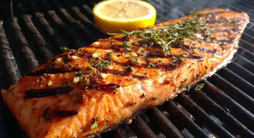 En saftig grillad laxsida med örter och en citronskiva på grillen. Röken stiger och doften sprider sig.