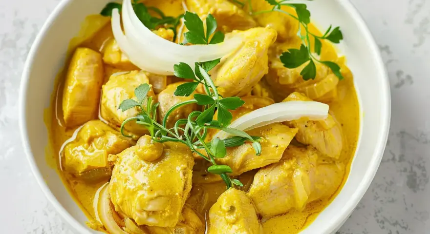 Krämig chicken a la king i en vit skål, garnerad med persilja och lök.