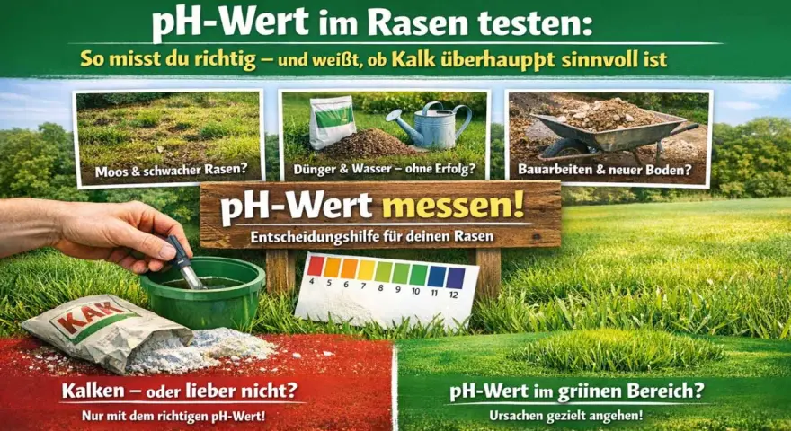Rasen-pH-Wert 7 ist ideal. Ein Teststreifen zeigt den Wert an. Kalken nur bei Bedarf.