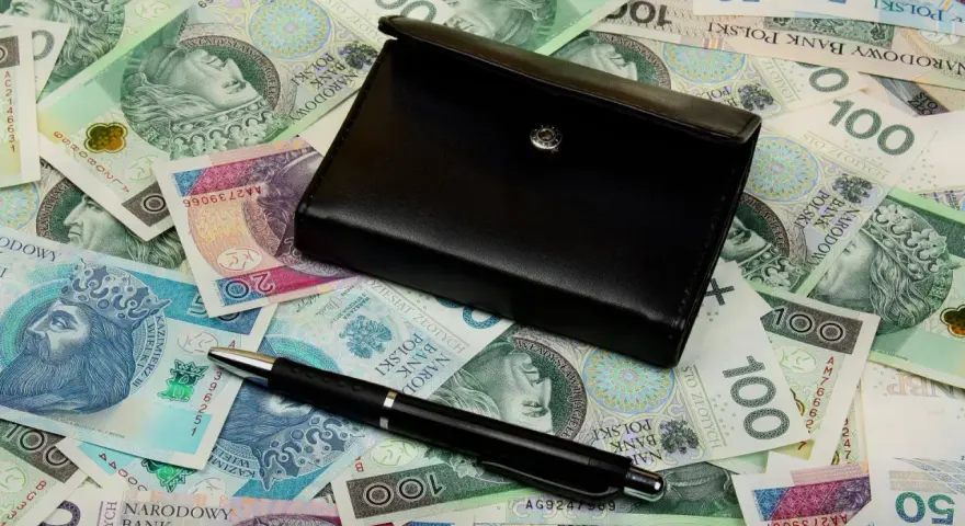 Czarny portfel i długopis leżą na stosie polskich banknotów.