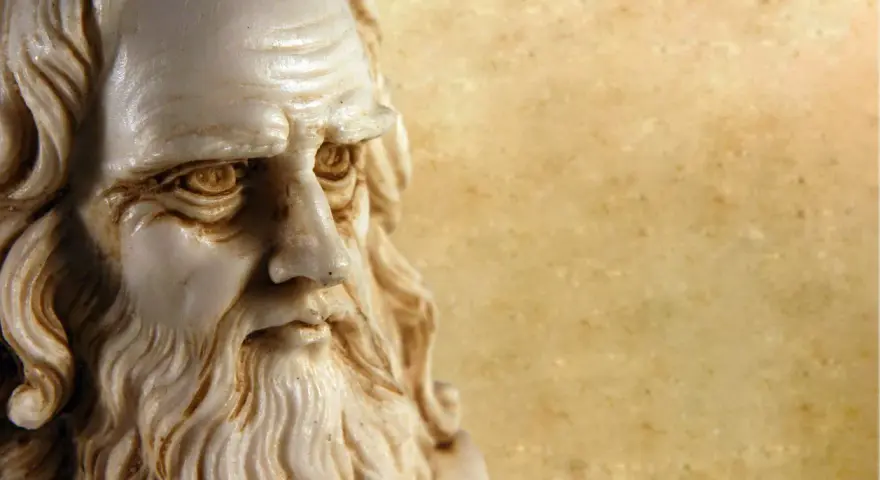 Byst av en vis man med skägg, kanske en representation av vad Leonardo da Vinci gjorde: utforskade mänsklighetens visdom.