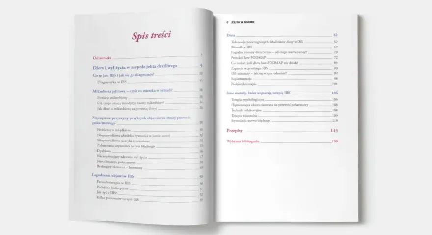 Spis treści książki o zdrowiu jelit, gdzie znajdziesz rozdziały o diecie, mikrobiocie, objawach IBS i dysbiozie.
