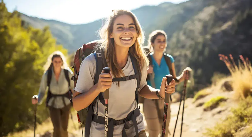 Uśmiechnięte kobiety podczas trekkingu w górach, cieszące się wędrówką.