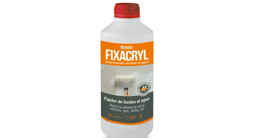 Botella de Fixacryl, imprimación acrílica al agua. Ideal para mejorar adherencia en cemento, yeso, perlita y cal. Transpirable y resistente a álcalis.