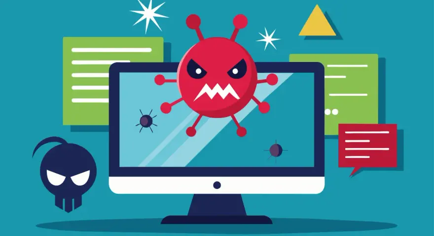 Un virus de internet ataca un ordenador. Un monstruo rojo con cara de enfado sale de la pantalla, mientras un skull hacker acecha.
