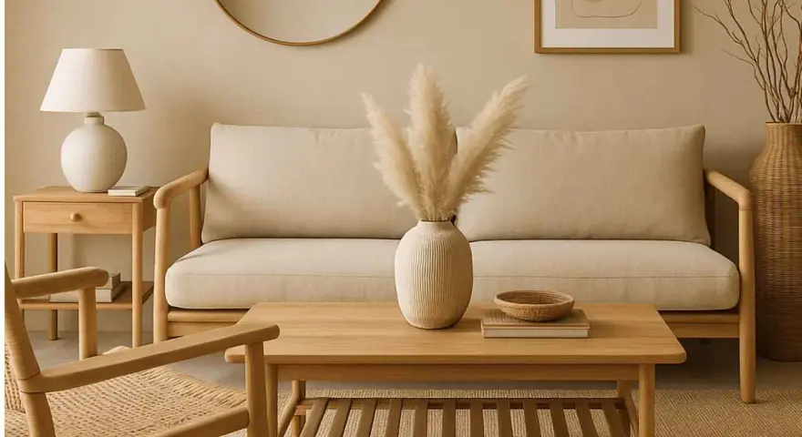 Soggiorno con pareti tortora sabbia, divano beige, tavolino in legno e sedia in paglia.
