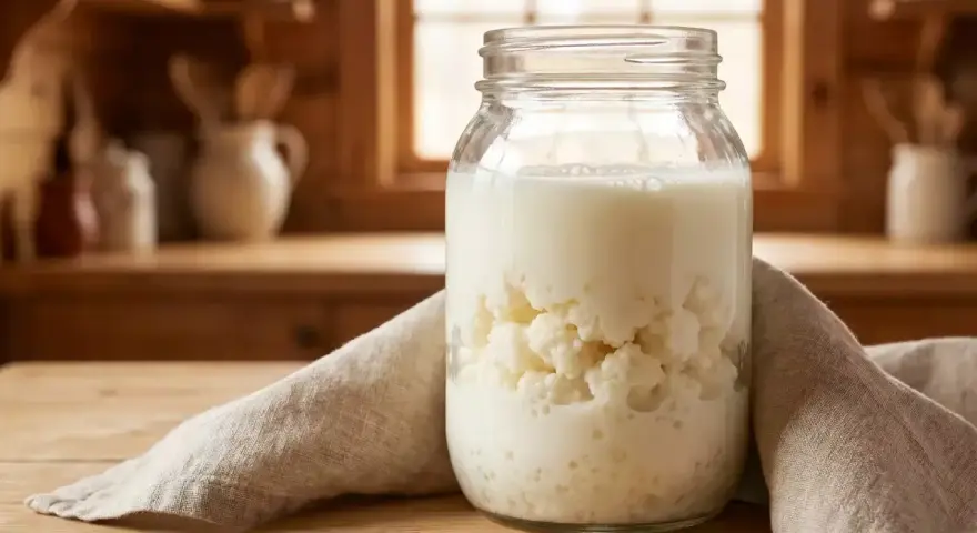 Ein Glas mit Kefir-Körnern und Milch steht auf einem Holztisch. Kefir ist ein fermentiertes Milchgetränk.