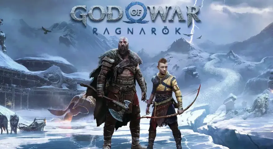 Kratos y Atreus se preparan para la aventura en los yermos de God of War Ragnarök, un paisaje helado con un dragón serpenteante.