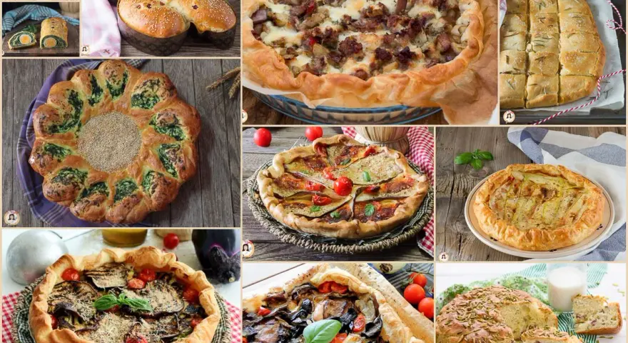 Varie torte salate con pasta sfoglia: con verdure, carne e formaggio, perfette per ogni occasione.