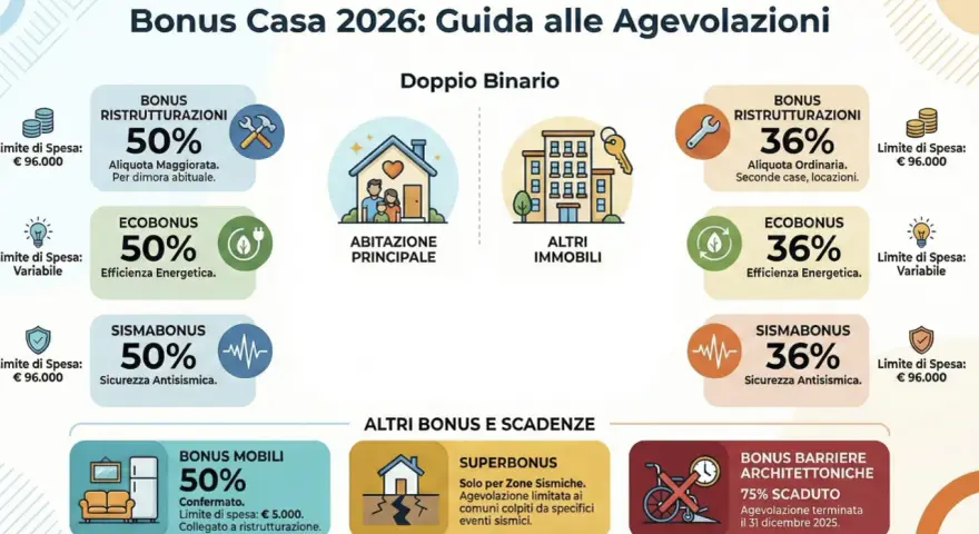 Guida alle agevolazioni fiscali per la casa: bonus ristrutturazione 2026 ultime notizie, ecobonus, sismabonus e bonus mobili con percentuali e limiti di spesa.