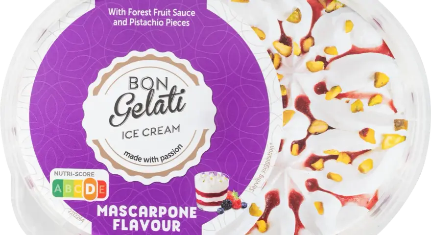 Pyszne lody w Lidlu o smaku mascarpone z sosem owocowym i pistacjami. Idealne na deser.