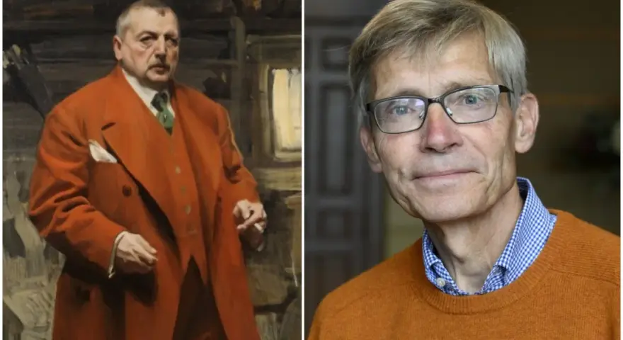 En målning av en man i orange kostym, bredvid ett porträtt av en man med glasögon. Kanske en anders zorn film?