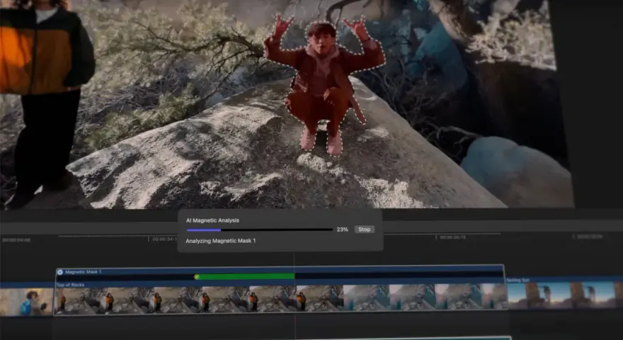 Edycja w Final Cut Pro: analiza maski AI dla postaci na skale.