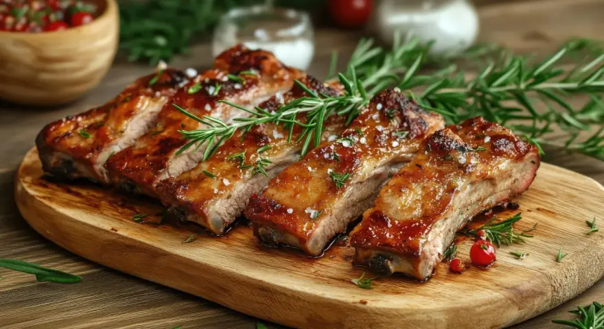 Costillas de cerdo al horno, glaseadas y con romero, servidas en tabla de madera.