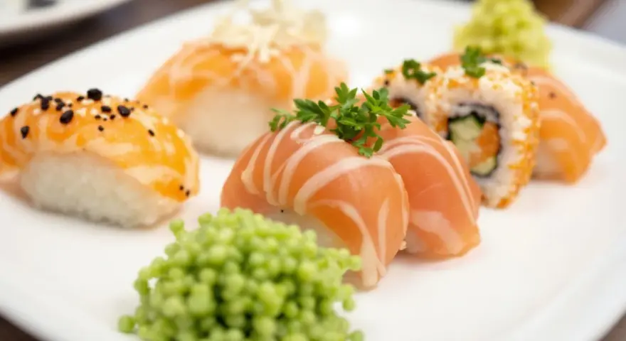Talerz z różnorodnym nigiri sushi z łososiem, posypane sezamem i ozdobione natką pietruszki. Obok porcja zielonego wasabi.