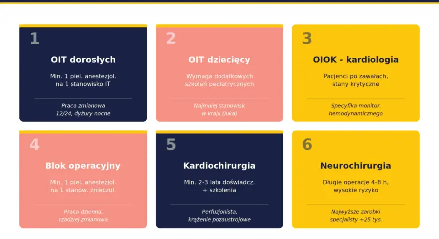 Sześć oddziałów z obsadą piel. anestezjologicznej: OIT dorosłych, OIT dziecięcy, OIOK-kardiologia, Blok operacyjny, Kardiochirurgia, Neurochirurgia.