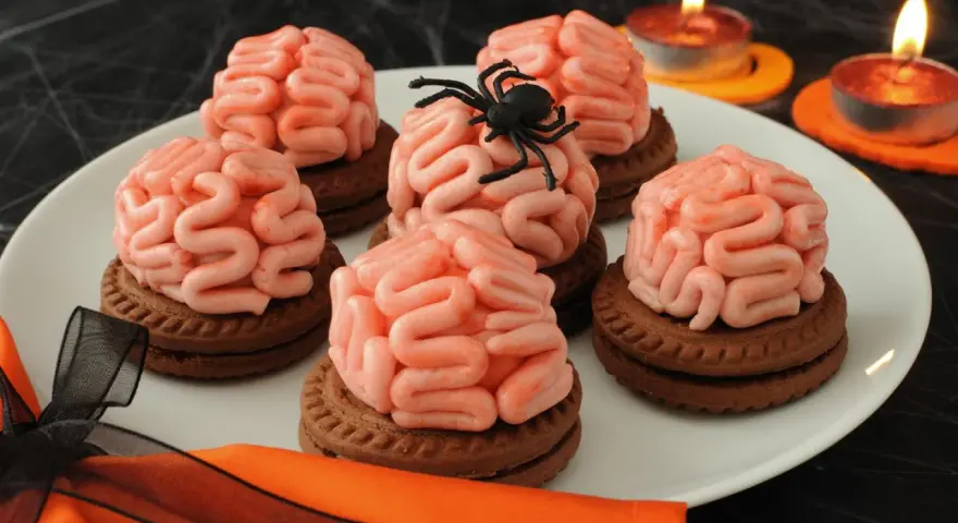 Gruselige Halloween-Nachspeise: Kekse mit Gehirn-förmiger rosa Glasur, dekoriert mit einer Spinne. Kerzen leuchten im Hintergrund.