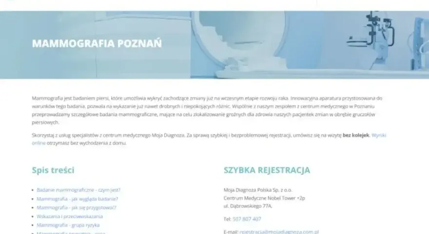 Mammografia w Poznaniu – badanie piersi wykrywające zmiany. Umów wizytę online w Moja Diagnoza.