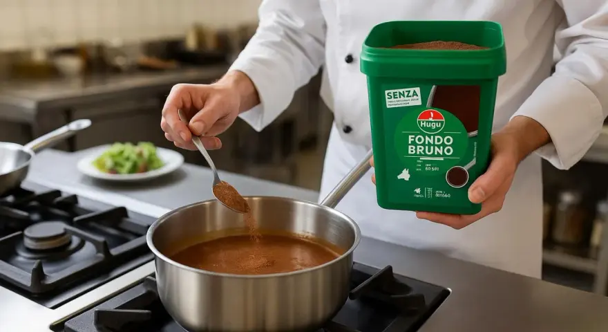 Chef aggiunge Fondo Bruno in polvere a una salsa in cottura. Il contenitore verde reca l'etichetta "Fondo Bruno".