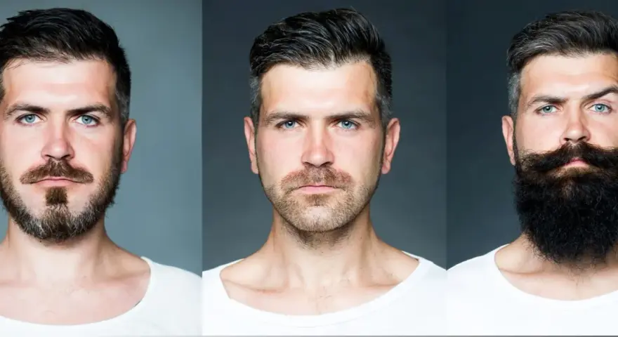 Tres hombres con diferentes cortes de barba: uno con perilla y bigote, otro con barba corta y el último con barba larga y tupida.