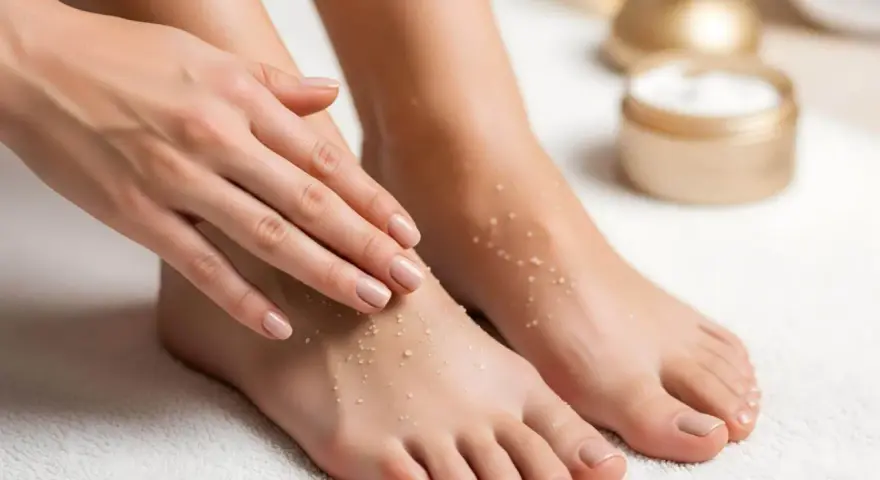 A woman's hands gently touch her feet, which are covered in exfoliating granules, hinting at a Johnson's foot soap recipe for soft skin.