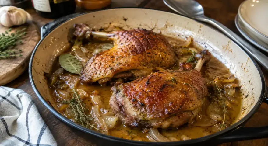 Deux cuisses de canard dorées mijotent dans une sauce savoureuse avec des oignons et des herbes. Un plat réconfortant prêt à être dégusté.