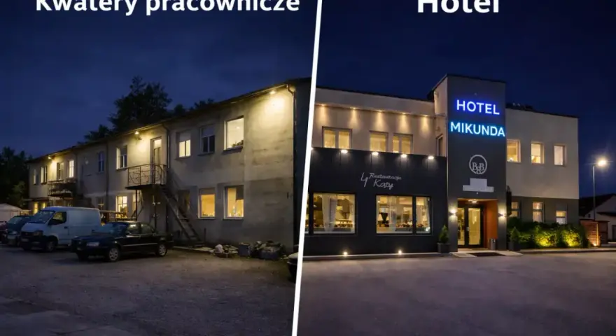 Dwa budynki nocą: kwatery pracownicze i hotel Mikunda.