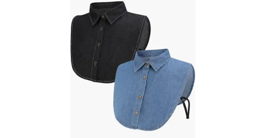 Due colletti staccabili in denim, uno nero e uno azzurro, perfetti per aggiungere un tocco casual ai tuoi outfit. Diversi tipi di colletto camicia donna.