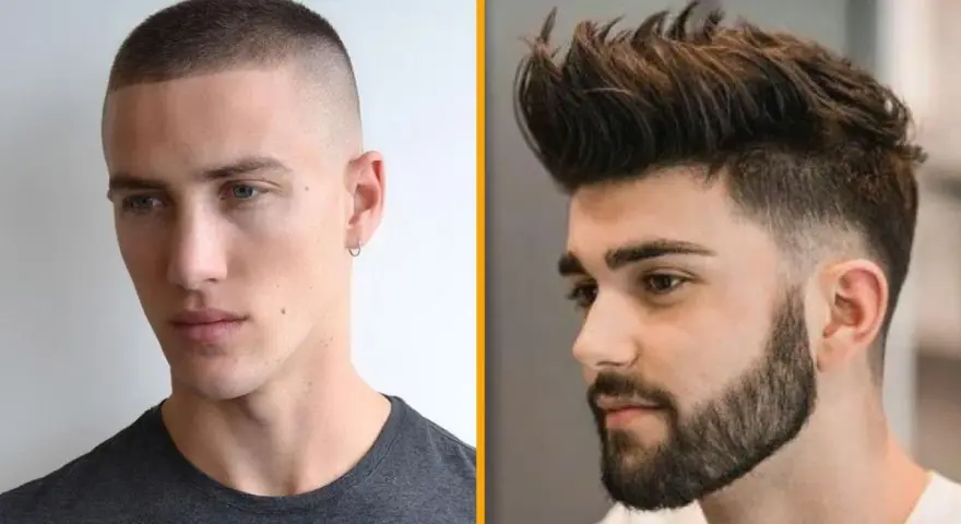 Dos hombres con peinados pelo corto: uno con corte buzz y el otro con un estilo moderno con degradado y tupé.