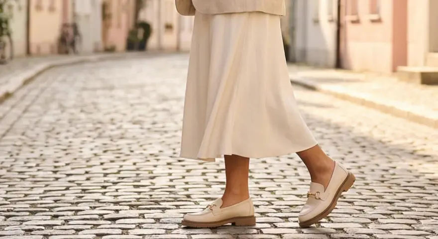 Eleganckie, beżowe mokasyny z ozdobnym złotym elementem to idealne modne buty na wiosnę.