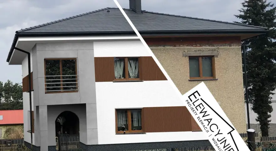 Nowy, nowoczesny wygląd domu po malowaniu elewacji. Stara, zniszczona ściana kontrastuje z odnowioną fasadą.