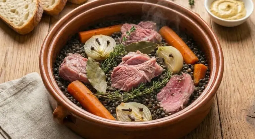 Palette demi-sel mijotant avec des lentilles, carottes, oignons cloués et herbes. Le temps de cuisson à l'eau est presque terminé.