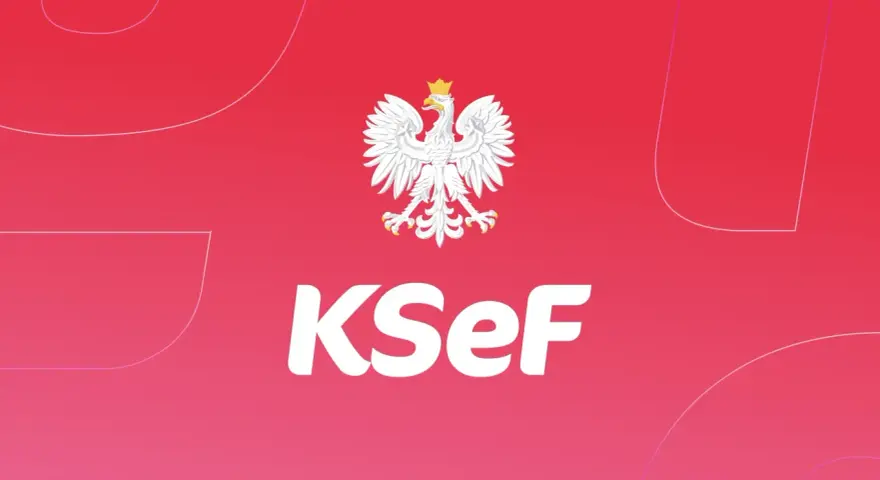Biały orzeł na czerwonym tle z napisem KSeF.