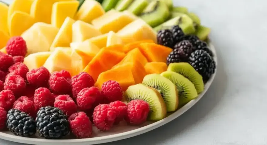 Kolorowa taca z owocami: maliny, jeżyny, kiwi, mango i papaja. Idealny sposób, jak podać owoce na imprezie, zachwycając gości!