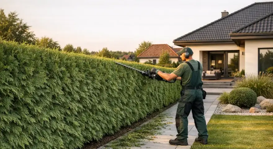 Ogrodnik przycina żywopłot z tui, dbając o estetykę ogrodu. Idealny czas, kiedy przycinać tuje, to wiosna lub wczesne lato.
