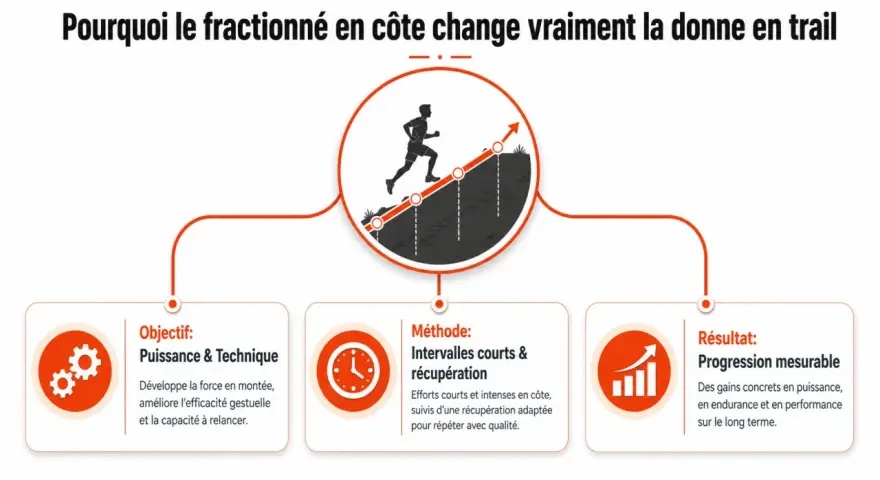 Un coureur grimpe une côte en utilisant un entraînement fractionné. Objectif : puissance, méthode : intervalles courts, résultat : progression mesurable.