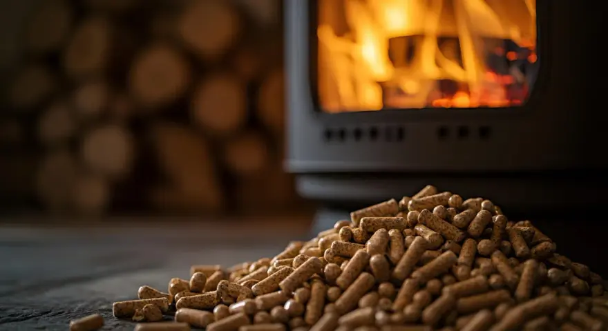 Montón de pellets de madera listos para insertar en la estufa, con leña apilada y fuego crepitante al fondo.