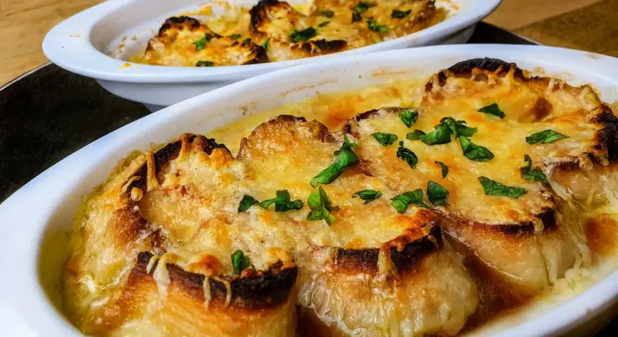 Deux gratins de soupe à l'oignon, dorés et gratinés, prêts à être dégustés. Une recette réconfortante.