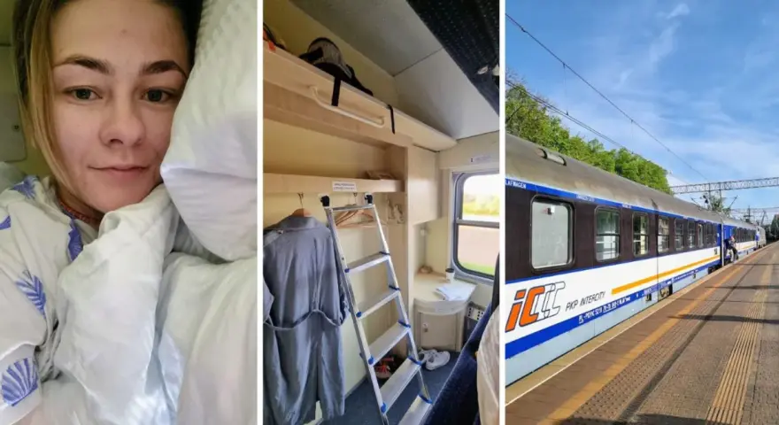 Podróż pociągiem TLK Karpaty. Wnętrze wagonu z miejscem do spania i widok na tory.
