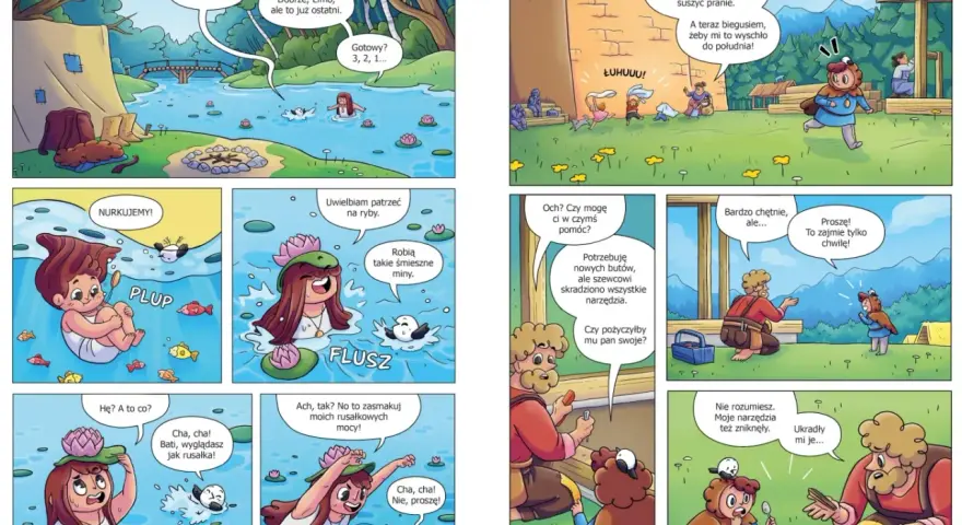 Dzieci bawią się w wodzie i na budowie. Historia o tym, o czym można zrobić komiks, pełna przygód i pomocy.