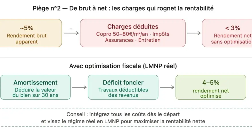 Schéma : rendement brut vs net. Optimisation fiscale LMNP avec déficit foncier, travaux déductibles, et règle des 3 ans pour maximiser le rendement.