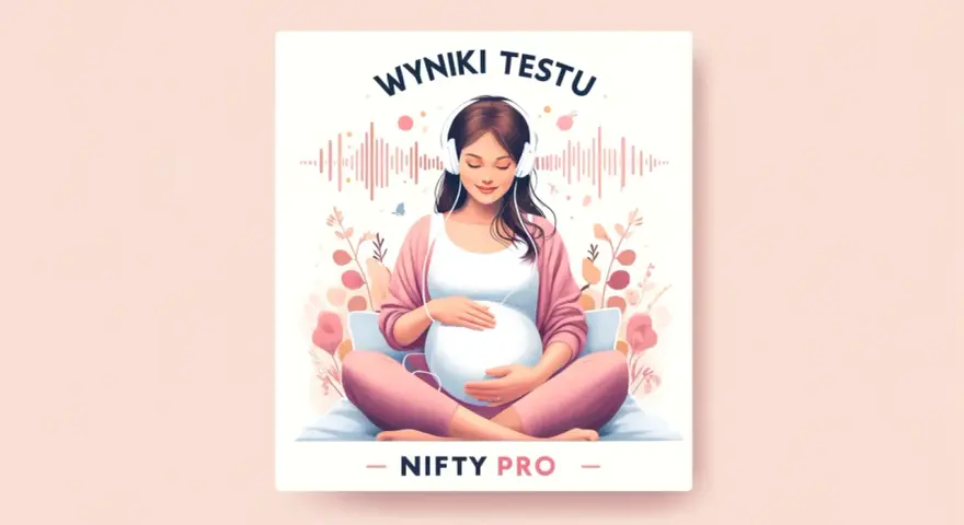 Nifty Pro: ciężarna kobieta w słuchawkach słucha wyników testu, otoczona kwiatami i falami dźwiękowymi.