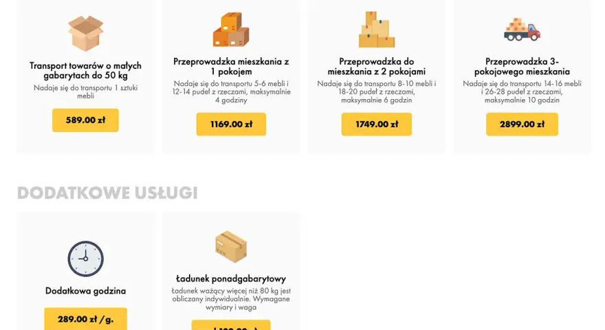 Oferta dla przewoźników: przeprowadzki mieszkań 1-3 pokojowych, transport towarów, dodatkowa godzina i ładunki ponadgabarytowe.