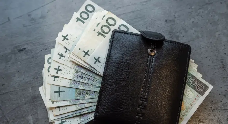 Czarny portfel z plikiem banknotów 100 zł. Czy to oszczędności na przyszłość, czy może zapłata za podatek od emisji CO2?