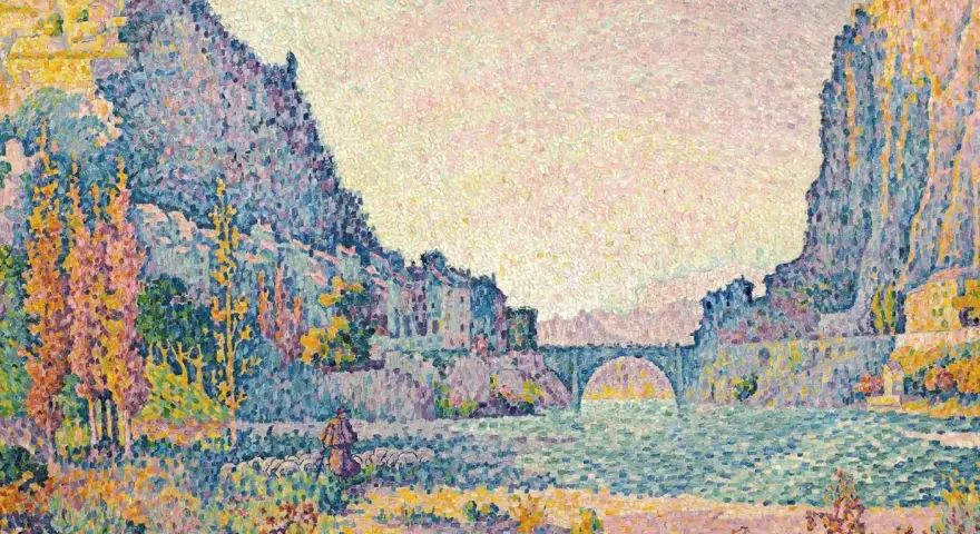 Paysage fluvial avec un berger et son troupeau, œuvre d'un peintre pointilliste. Les montagnes bleues et les maisons colorées se reflètent dans l'eau.
