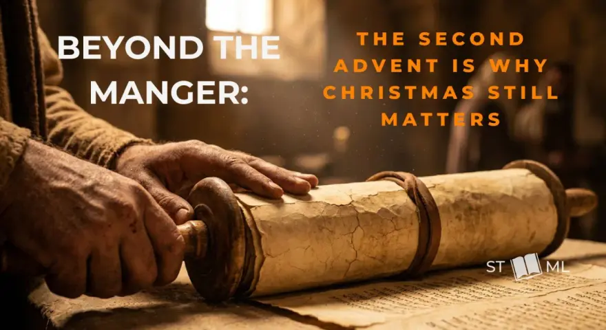 Hands unroll an ancient scroll, dust motes dance in the light. "Beyond the Manger: The second Advent is why Christmas still matters.