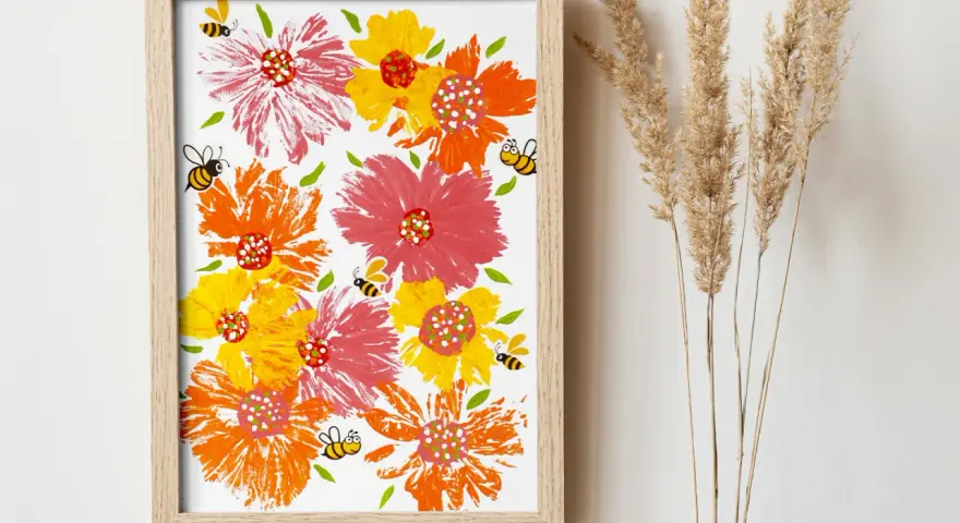 Peinture acrylique fleurs facile avec des abeilles joyeuses butinant. Couleurs vives et style enfantin.