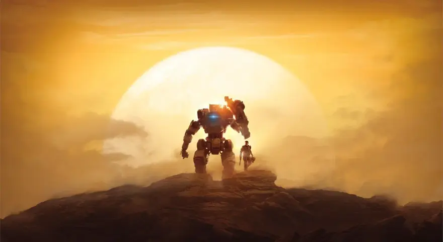 Pilot i jego Tytan na skalistym pustkowiu pod wielkim, żółtym słońcem. Zapowiedź Titanfall 3.