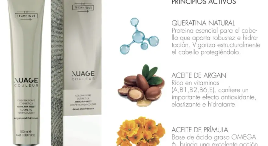 Nuage Couleur: baño de color para canas con queratina, aceite de argán y prímula. Cabello fuerte, hidratado y protegido.