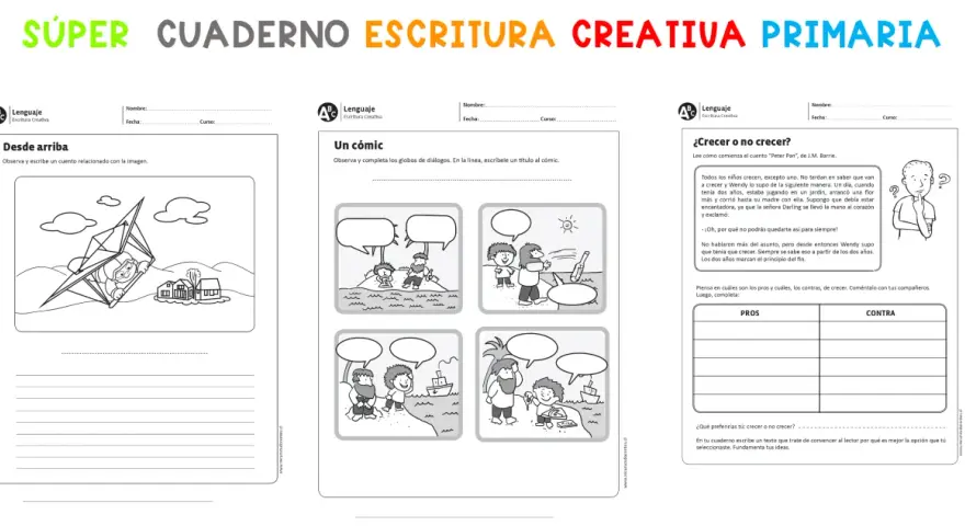 Ficha de escritura con actividades: un niño en parapente, un cómic para completar diálogos y un texto sobre crecer.